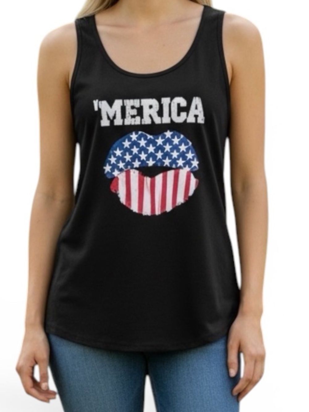 Saukole Merica Tank Top USA American Flag Lips Graphic Black Size Small